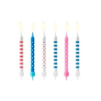 Velas blancas con diseño a rayas y topos de colores de 6,5 cm - 6 unidades