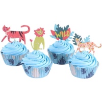 Cápsulas para cupcakes con picks de animales safari - 24 unidades