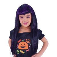 Peluca negra con mechas lilas brillantes infantil