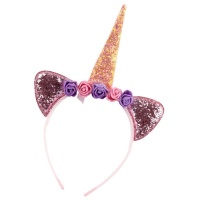 Diadema de unicornio color rosa con orejas y flores