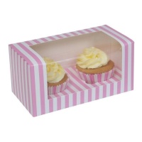 Caja para 2 cupcakes a rayas rosa y blanca de 18,5 x 9,5 x 9 cm - House of Marie - 2 unidades