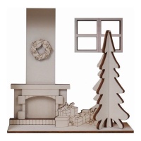 Figura de madera de escena navideña con chimenea, árbol y regalos 24 x 24 cm - Artis decor