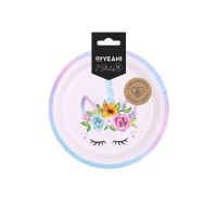 Platos de Unicornio con flores de 18 cm - 8 unidades