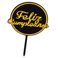 Topper para tarta de Feliz Cumpleaños circular negro con letras doradas