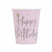 Vasos de Happy Birthday rosas con corona de 266 ml - 8 unidades