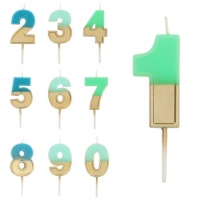 Vela de número bicolor tono verde-azul y dorado de 5 cm