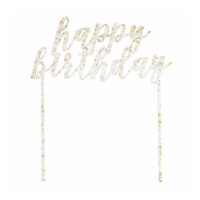 Topper de Happy Birthday transparente con motas doradas de 15 x 18 cm