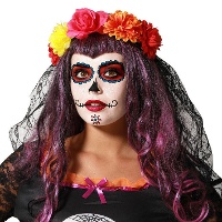 Diadema con flores multicolor y velo de Catrina