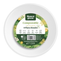 Platos hondos de 19 cm redondos de caña de azúcar compostable blanco - 8 unidades