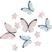 Obleas de mini flores y mariposas azul y rosa pastel - 30 unidades