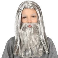 Peluca larga con bigote y barba gris infantil