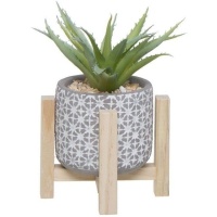 Planta artificial de cactus con macetero con cenefa blanca con base de madera de 11,5 x 21 cm