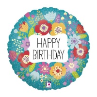 Globo redondo de Happy Birthday de flores de 46 cm - Grabo