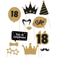 Kit para photocall de Felices 18 dorado y negro - 12 unidades