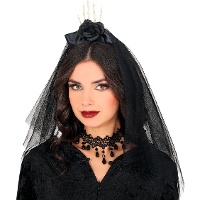 Diadema de mano, flor negra y velo