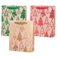 Bolsa de regalo kraft con árboles de Navidad de 30 x 10 x 42 cm - 1 unidad