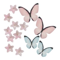Obleas mini de flores y mariposas rosas y azules - 13 unidades