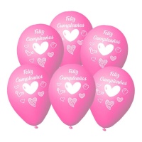 Globos de látex rosas con corazones Feliz Cumpleaños de 23 cm - 6 unidades