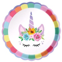 Platos de Unicornio con flores de 23 cm - 6 unidades