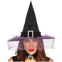 Sombrero de bruja negro con velo lila