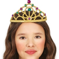 Diadema de princesa dorada con piedras de colores infantil