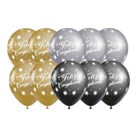 Globos de Feliz Cumpleaños plata, dorado y negro de 30 cm - 10 unidades