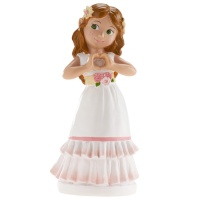Figura para tarta de Mi Primera Comunión niña con vestido de volantes de 16 cm