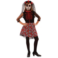 Disfraz de Catrina rojo y negro con calaveras para niña