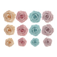 Figuras de azúcar de rosas tonos pastel - Dekora - 12 unidades
