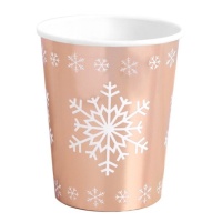 Vasos rosa dorado metalizado con copos de nieve de 270 ml - 6 unidades