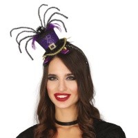 Diadema mini sombrero con araña y lazo lila