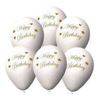 Globos de látex biodegradables blancos con frase de Happy Birthday en dorado de 23 cm - 6 unidades