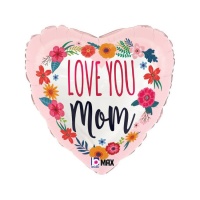 Globo de corazón con mensaje Love You Mom decorado con flores de 46 cm - Grabo