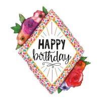 Globo de rombo de Happy Birthday con flores de 52 x 64 cm - Grabo