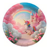 Platos de Unicornio rosa con castillo de 23 cm - 6 unidades