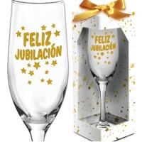 Copa de cristal con Feliz Jubilación dorada