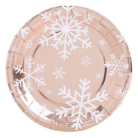Platos rosa dorado metalizado con copos de nieve de 23 cm - 6 unidades