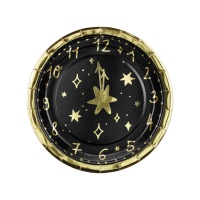 Platos de reloj de Año Nuevo negro y dorado de 18 cm - 6 unidades