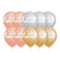 Globos de Feliz Cumpleaños dorado, plata y coral de 30 cm - 10 unidades