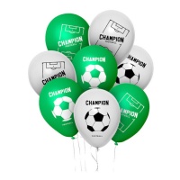 Globos de látex verdes y blancos de fútbol Champion - 8 unidades