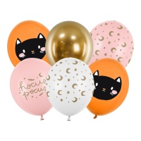 Globos de látex de Halloween Hocus pocus con gato de 30 cm - PartyDeco - 6 unidades