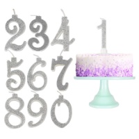 Vela de número plateada con purpurina de 7 cm - 1 unidad
