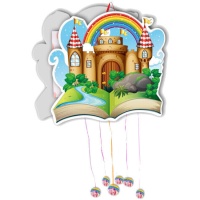 Piñata de Castillo con arcoíris sobre libro