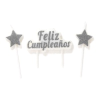 Velas de Feliz Cumpleaños con estrellas y purpurina plateada - 3 unidades