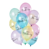 Globos de látex multicolor pastel de Happy Birthday de 30 cm - 12 unidades