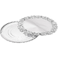 Bandeja de 35 cm redonda de cartón con blonda plateada