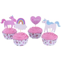 Cápsulas para cupcakes con picks de unicornio - 24 unidades
