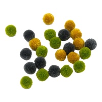 Pompones de colores gris, mostaza y verde de 2 cm - 24 unidades