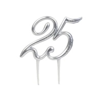 Topper para tarta de número 25 plateado con brillantes