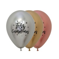 Globos de látex biodegradable metalizados de Feliz Cumpleaños con estrellas de 30 cm - Sempertex - 12 unidades